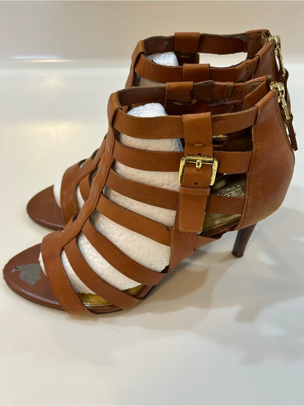 Lauren Ralph Mya Strappy Cage Leather Heeled Sandals Tan/Brown - 8B 3.5”L Heel - Picture 5 of 13